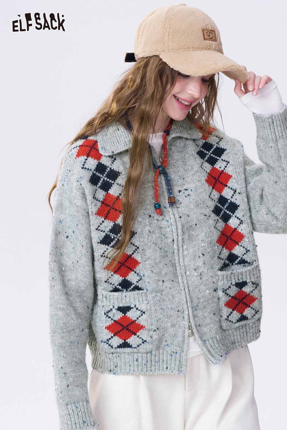 ELFSACK double breasted quilted knit cardigan with colorful diamond patterns and zip-up design