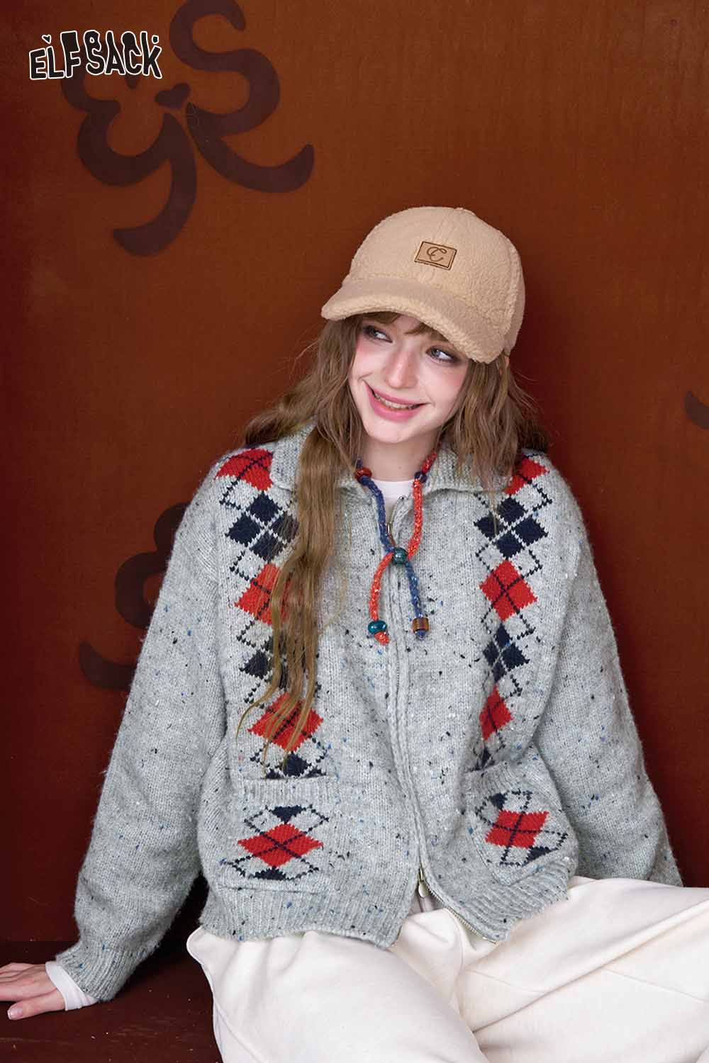 ELFSACK Double Breasted Quilted Knit Cardigan in Grey with Colorful Argyle Pattern and Hood