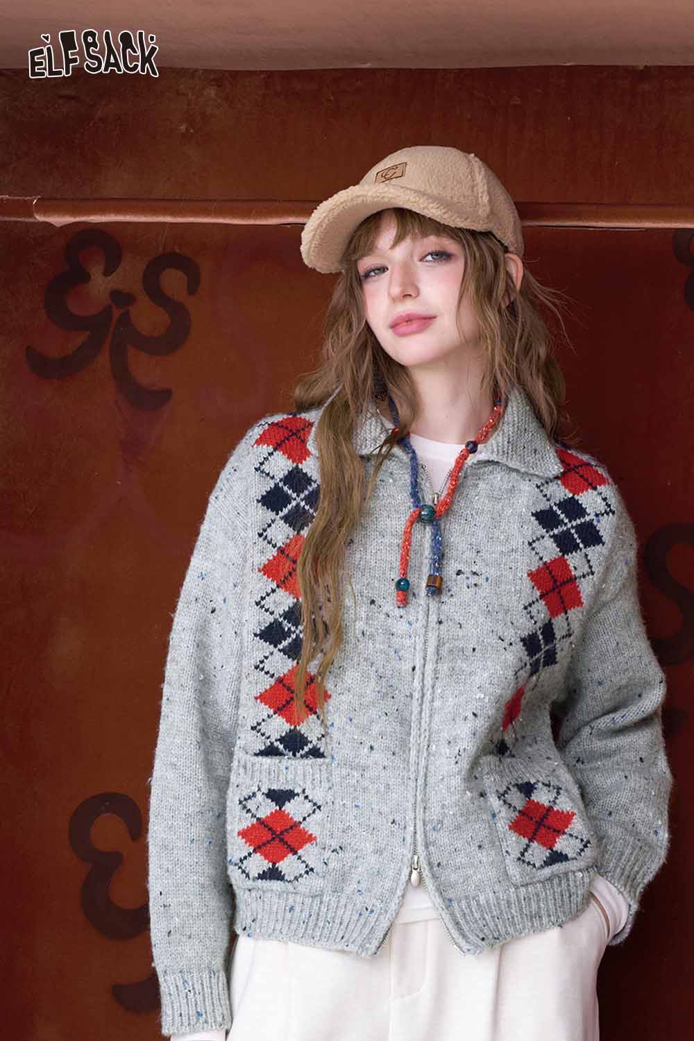 ELFSACK double breasted quilted knit cardigan in gray with colorful diamond patterns and a stylish collar