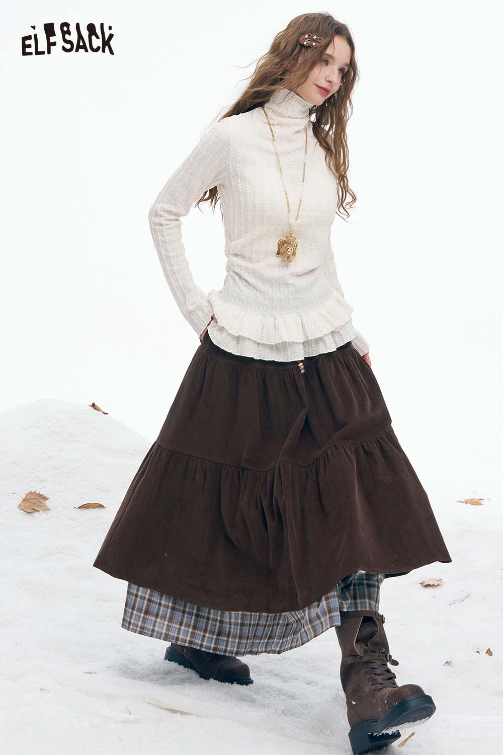 ELFSACK double layer long skirt for women in brown with a plaid underlayer, styled with a knit top