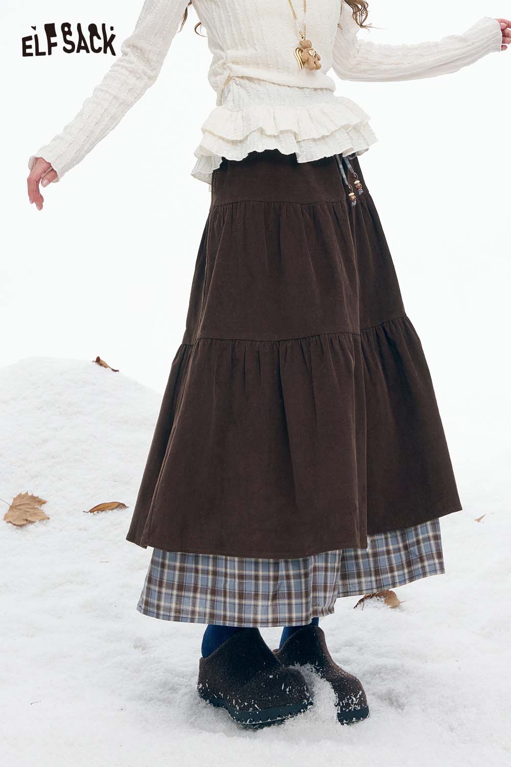 ELFSACK double layer long skirt for women in brown and plaid, perfect for stylish winter outfits