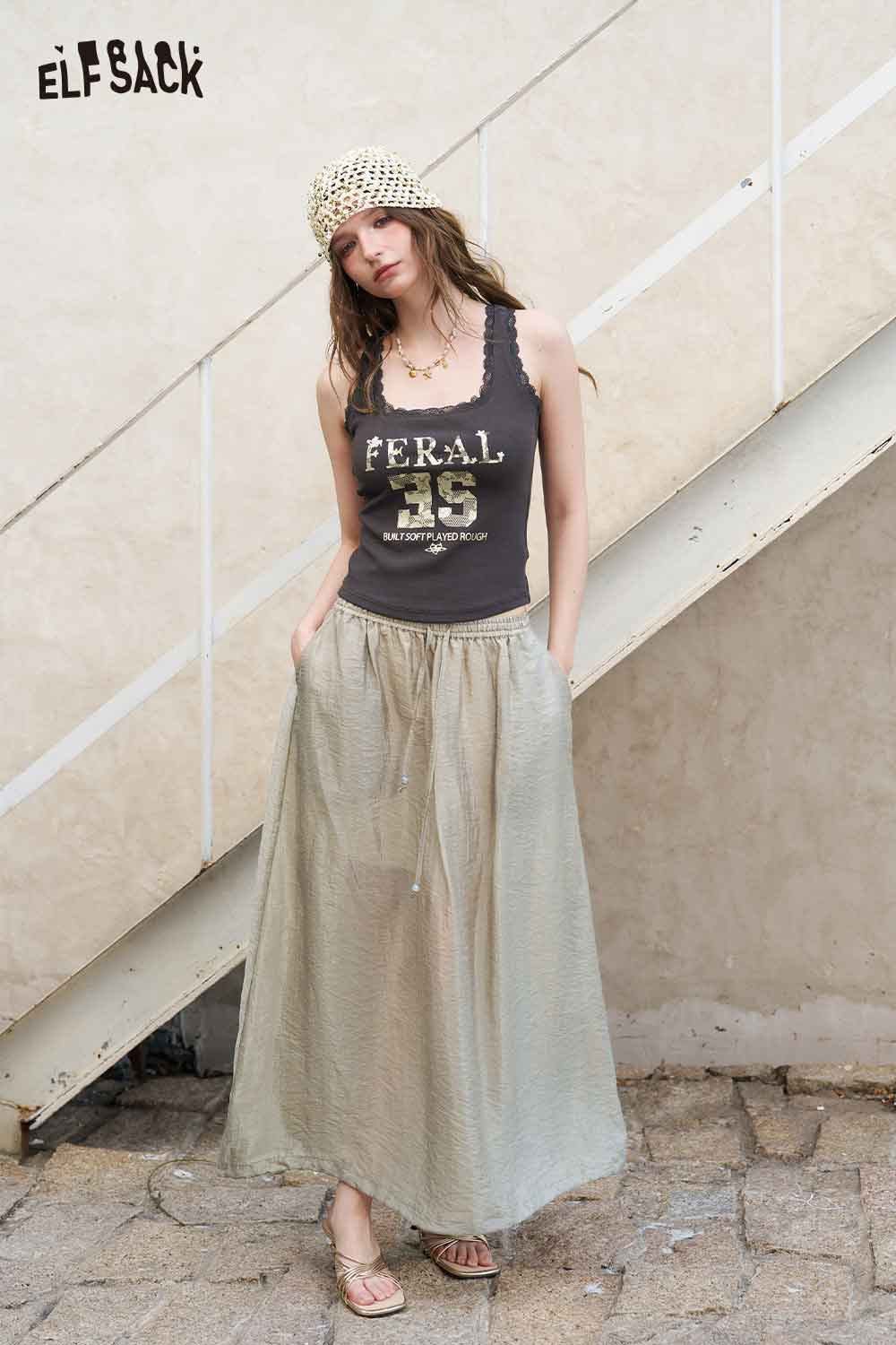 ELFSACK Drawstring Waist Ruffle Hem Balloon Midi Skirt