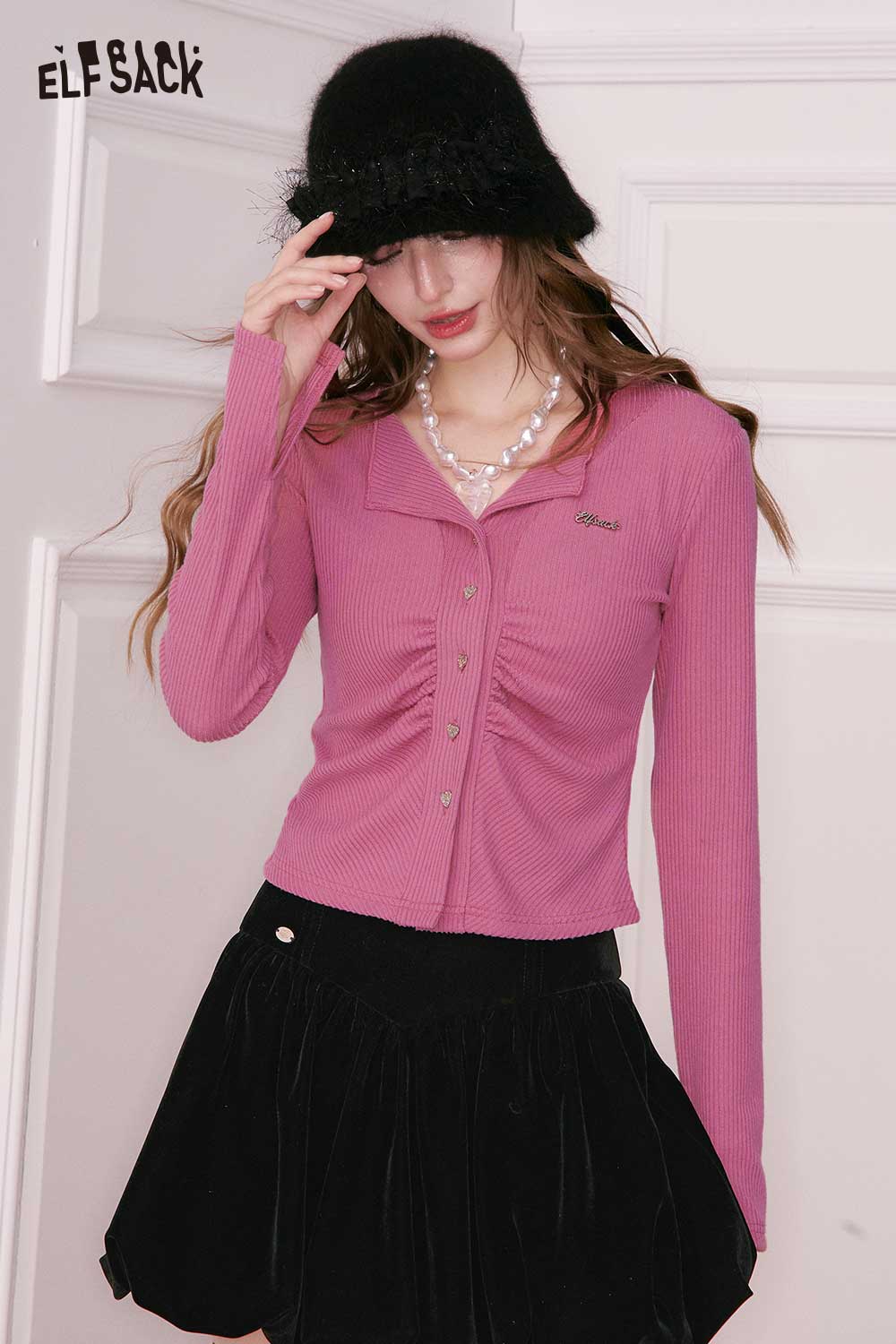 ELFSACK women's shirred knit cardigan in pink with button detail and stylish collar