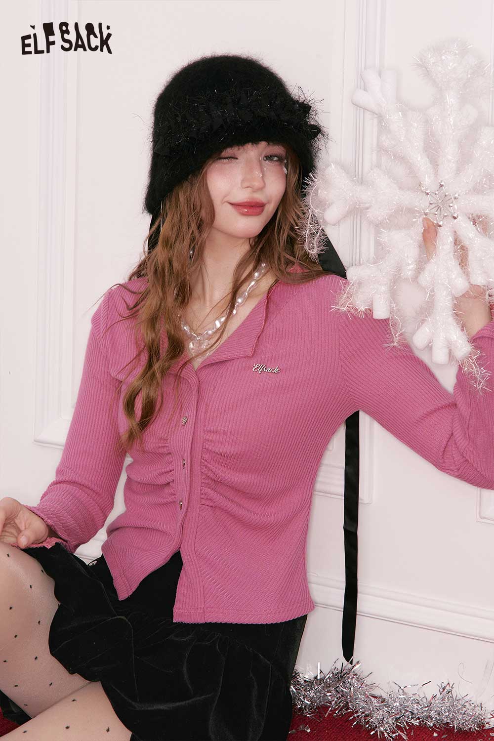 ELFSACK Shirred knit cardigan for women in pink with a stylish design and buttons