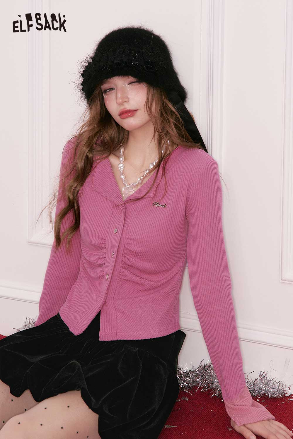 ELFSACK shirred knit cardigan for women in pink with ribbed texture and button details