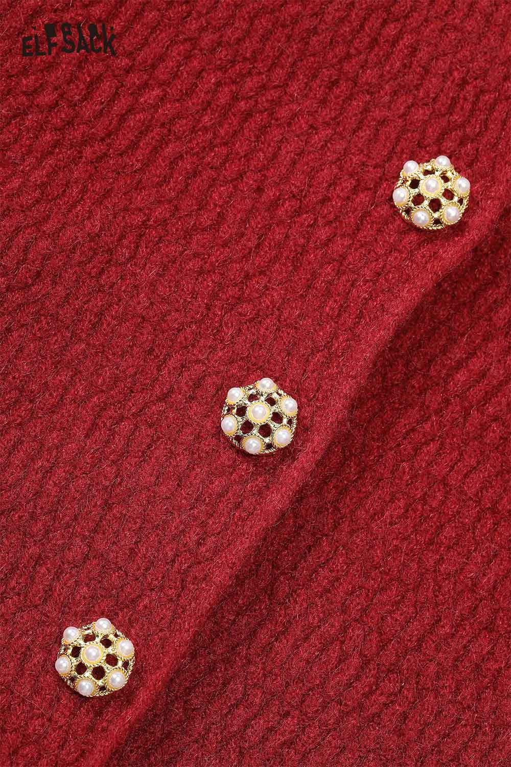 Close-up of ELFSACK elegant gold button dress showcasing intricate gold buttons on rich red fabric