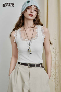 Elegant Lace Trim Ribbed Tank Top