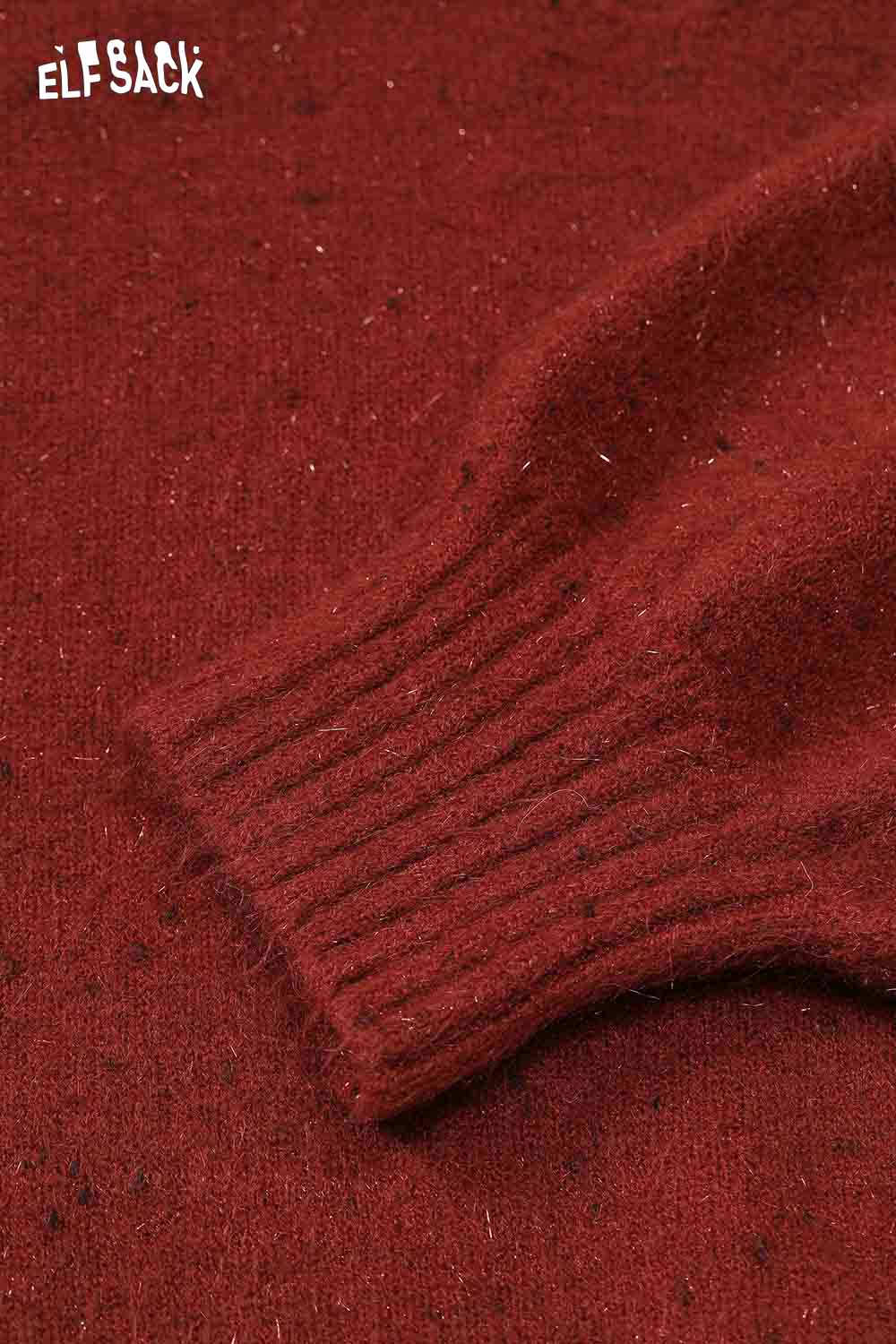 ELFSACK elegant lace trim sweater in rich burgundy featuring ribbed cuffs and a soft texture