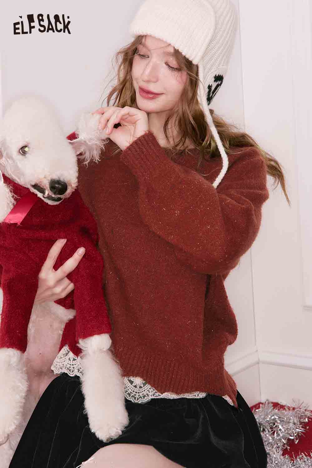 ELFSACK elegant lace trim sweater in warm brown with a cozy fit, paired with a playful dog and festive accessories