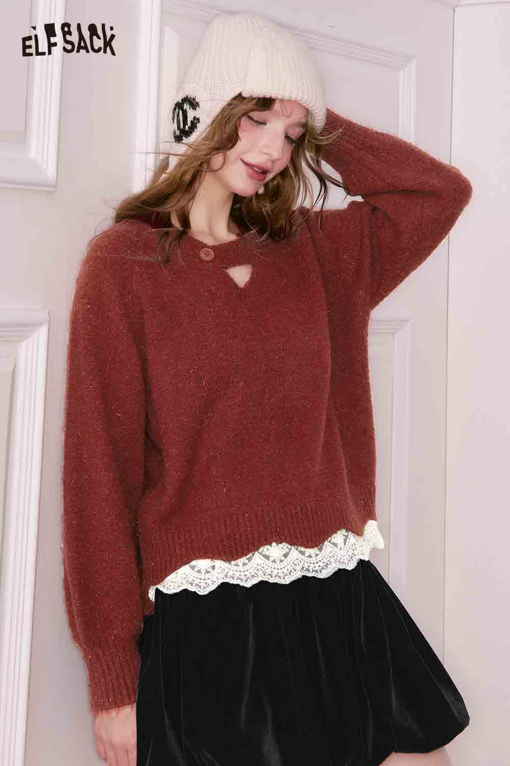 ELFSACK elegant lace trim sweater in rust color with a stylish keyhole and soft texture