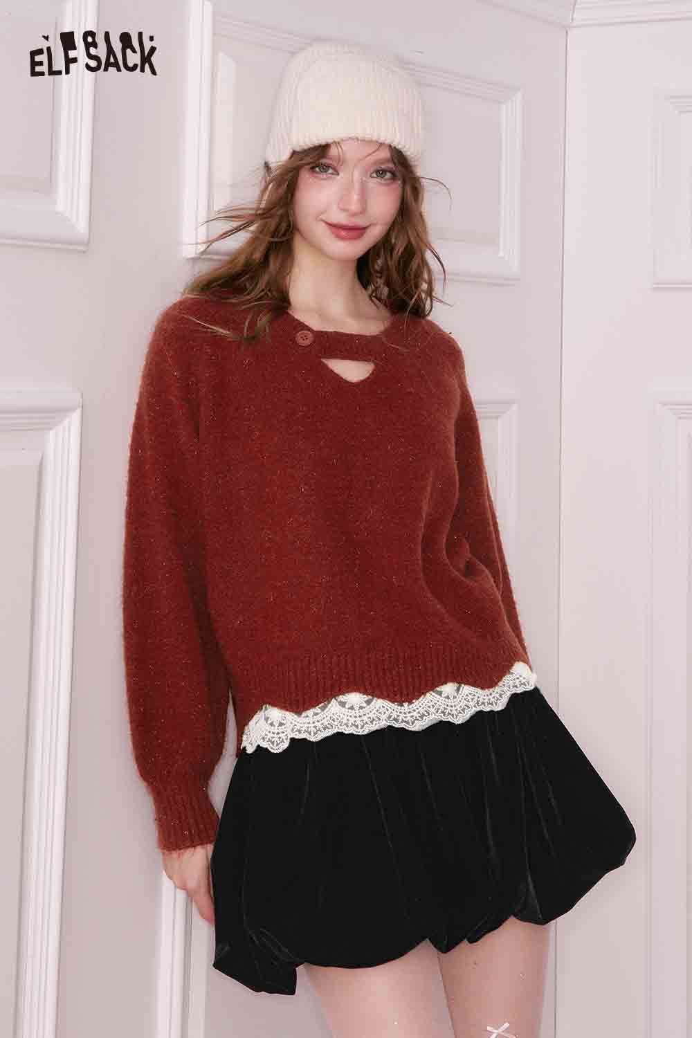 ELFSACK elegant lace trim sweater in rust color with a stylish cutout design, paired with a black skirt