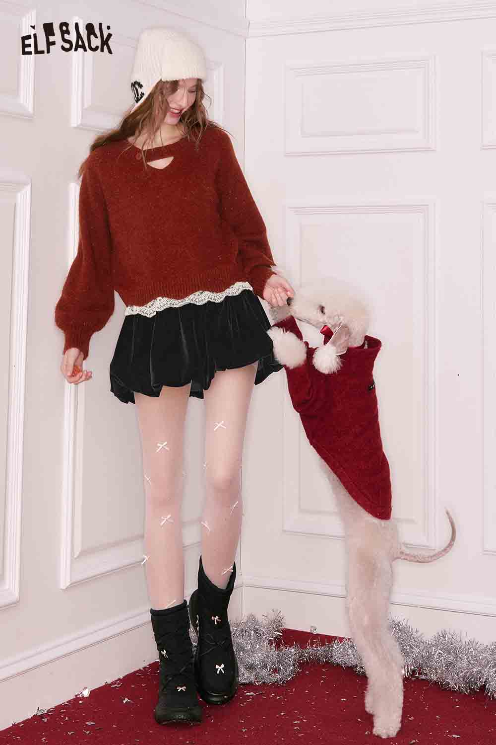 ELFSACK elegant lace trim sweater in rust color paired with a black skirt, styled for a chic look