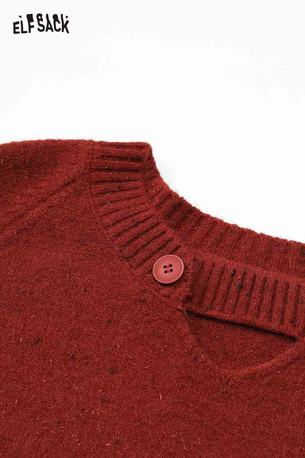 ELFSACK elegant lace trim sweater in rich burgundy with a stylish button detail on the neckline