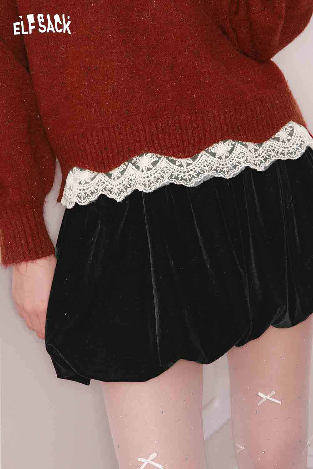 ELFSACK elegant lace trim sweater in rich red with a delicate lace hem, perfect for stylish outfits