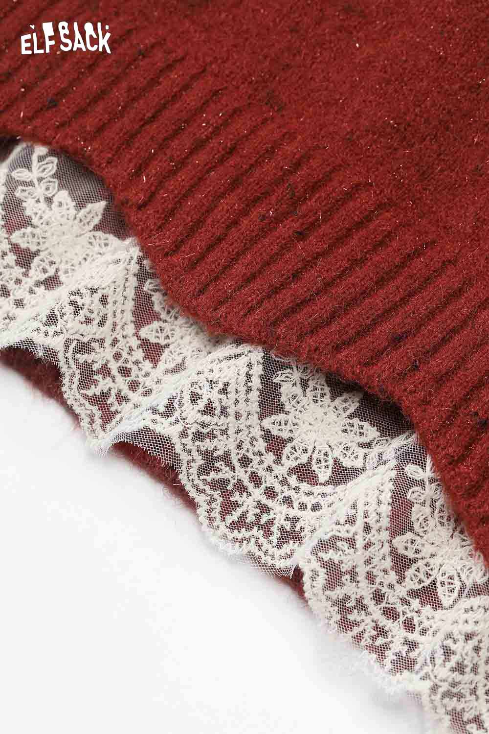 ELFSACK elegant lace trim sweater with a ribbed design and delicate lace detail at the hem