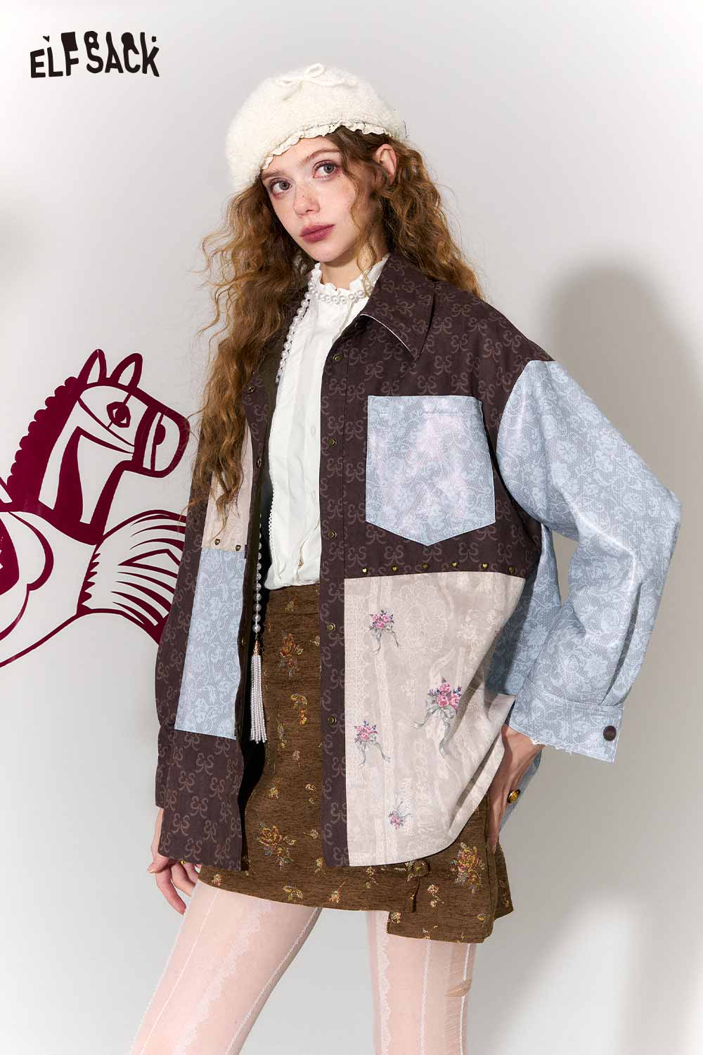 ELFSACK elegant ruffle collar white shirt paired with a stylish patchwork oversized jacket