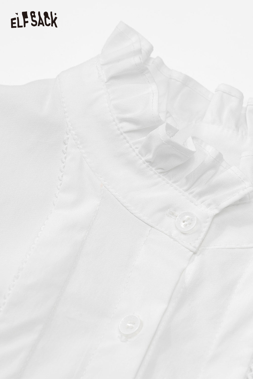 ELFSACK elegant ruffle collar white shirt featuring delicate button details and soft fabric