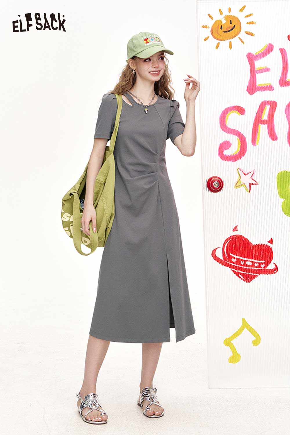 ELFSACK Elegant Twist Front Midi Dress