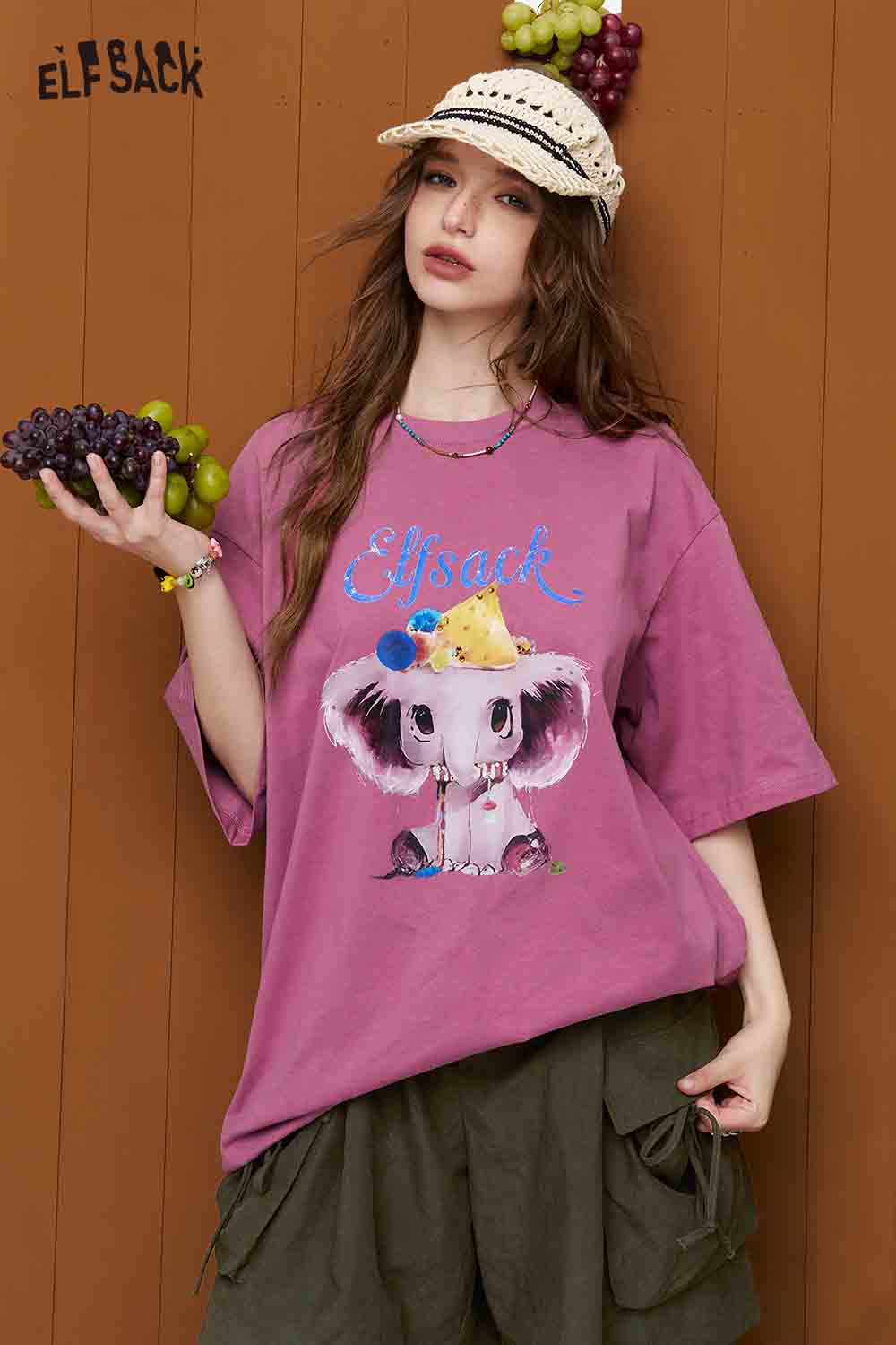 ELFSACK Elephant Print Crew Neck Casual Tee