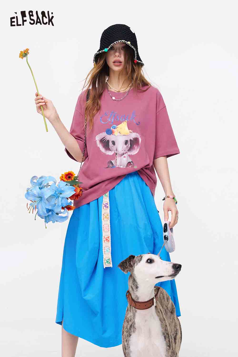 ELFSACK Elephant Print Crew Neck Casual Tee