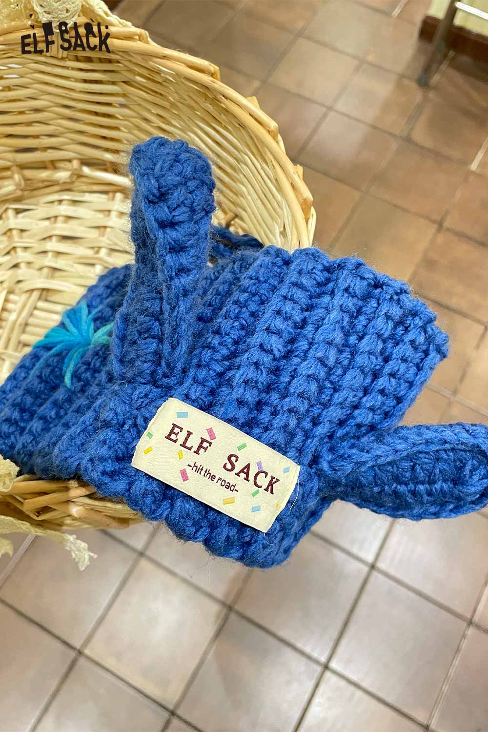 ELFSACK 3D bunny ear knit ear warmers in blue for stylish winter warmth