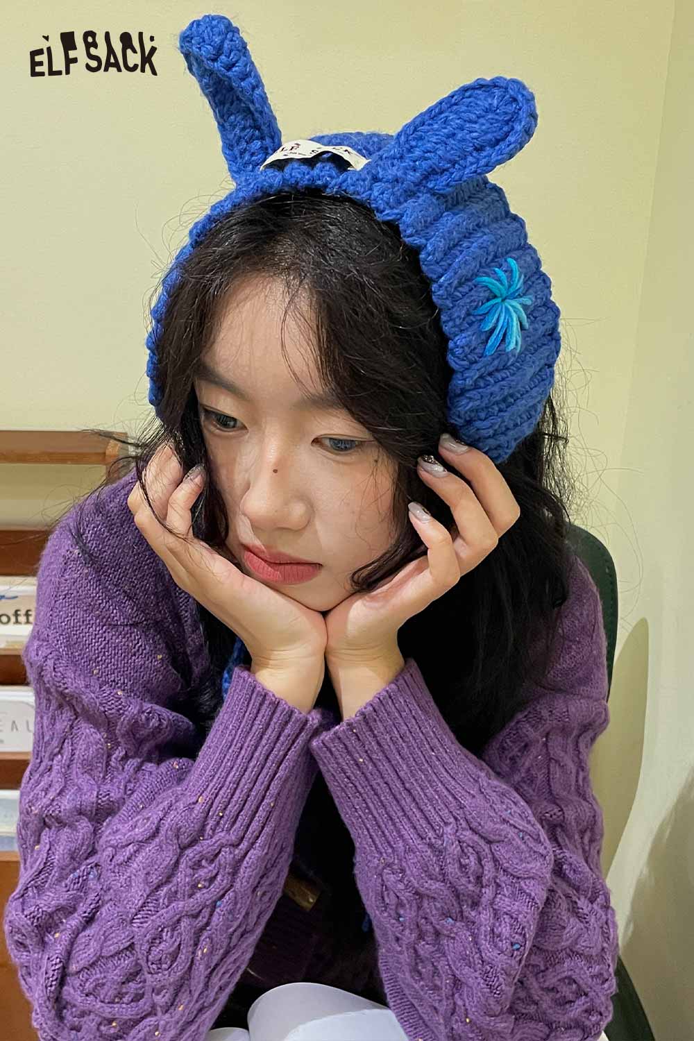 ELFSACK 3D bunny ear knit ear warmers in blue, perfect for cozy winter fashion