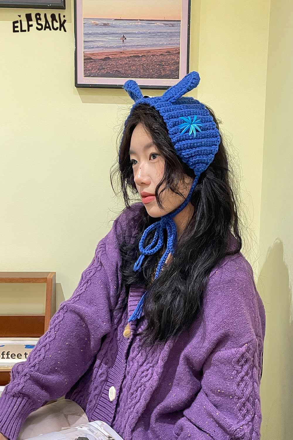 ELFSACK 3D bunny ear knit ear warmers in blue, designed for warmth and style during chilly days