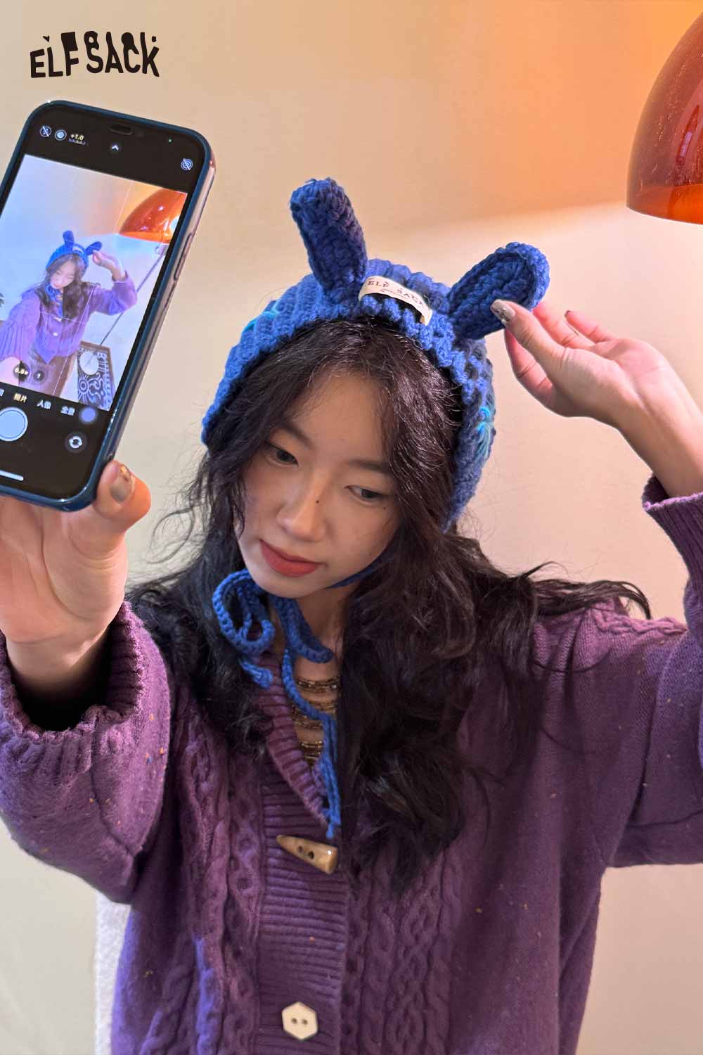 ELFSACK 3D bunny ear knit ear warmers in blue for stylish winter warmth and cute accessory looks