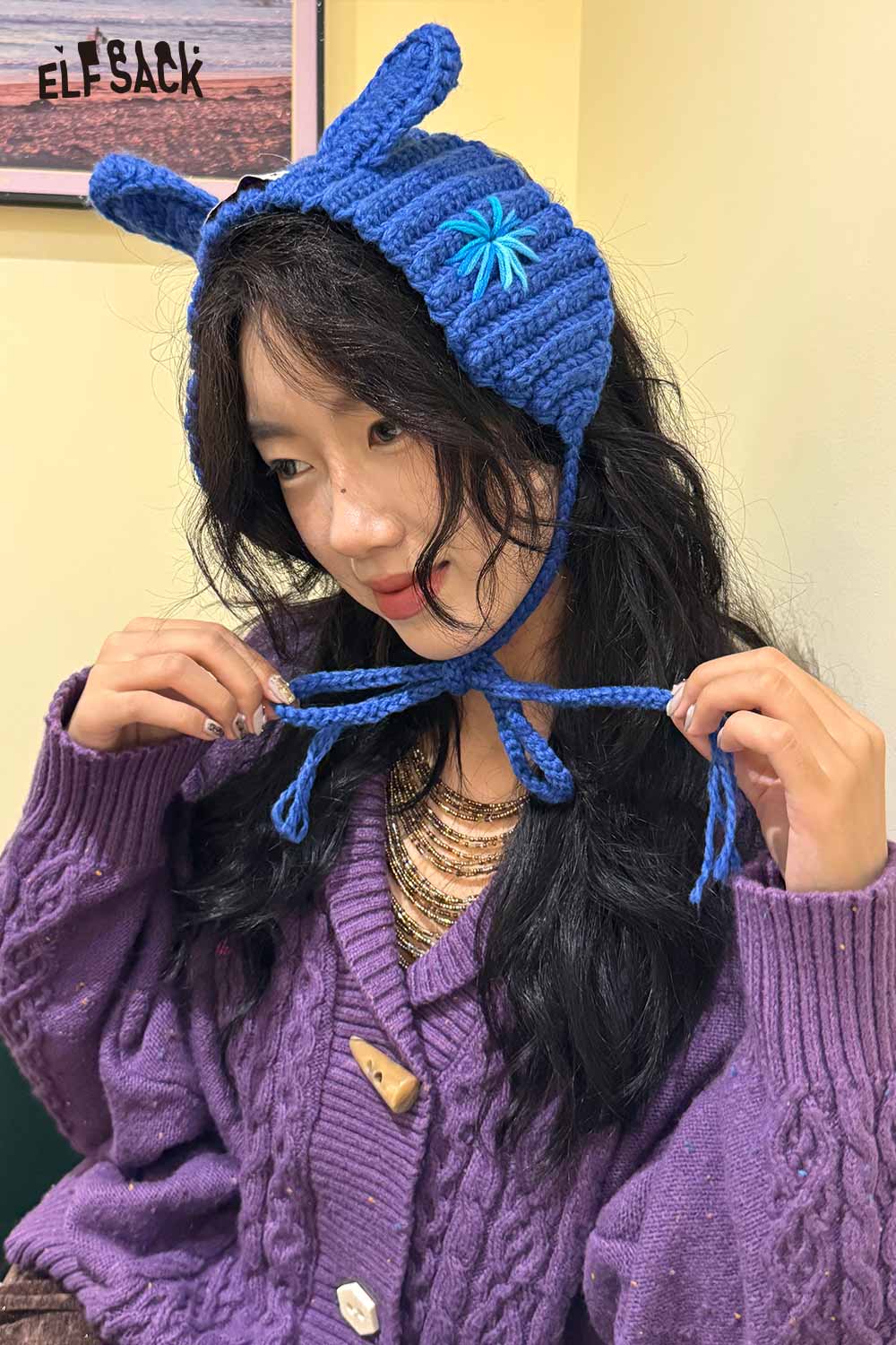 ELFSACK 3D bunny ear knit ear warmers in blue with cute design and ties for winter comfort