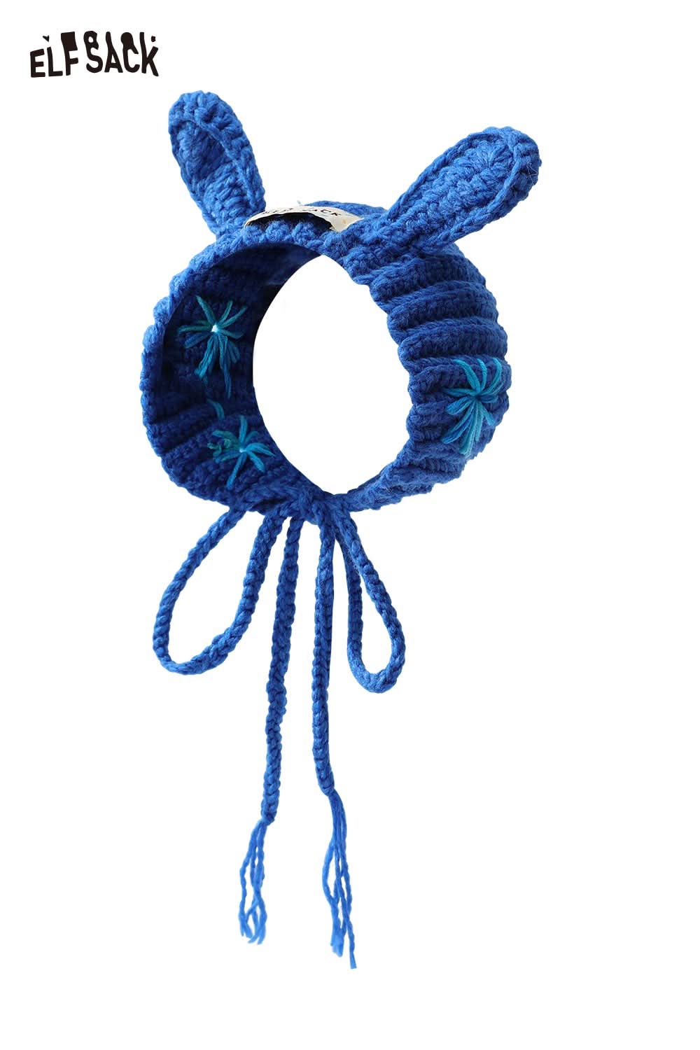 ELFSACK 3D bunny ear knit ear warmers in blue with braided ties for cozy winter wear