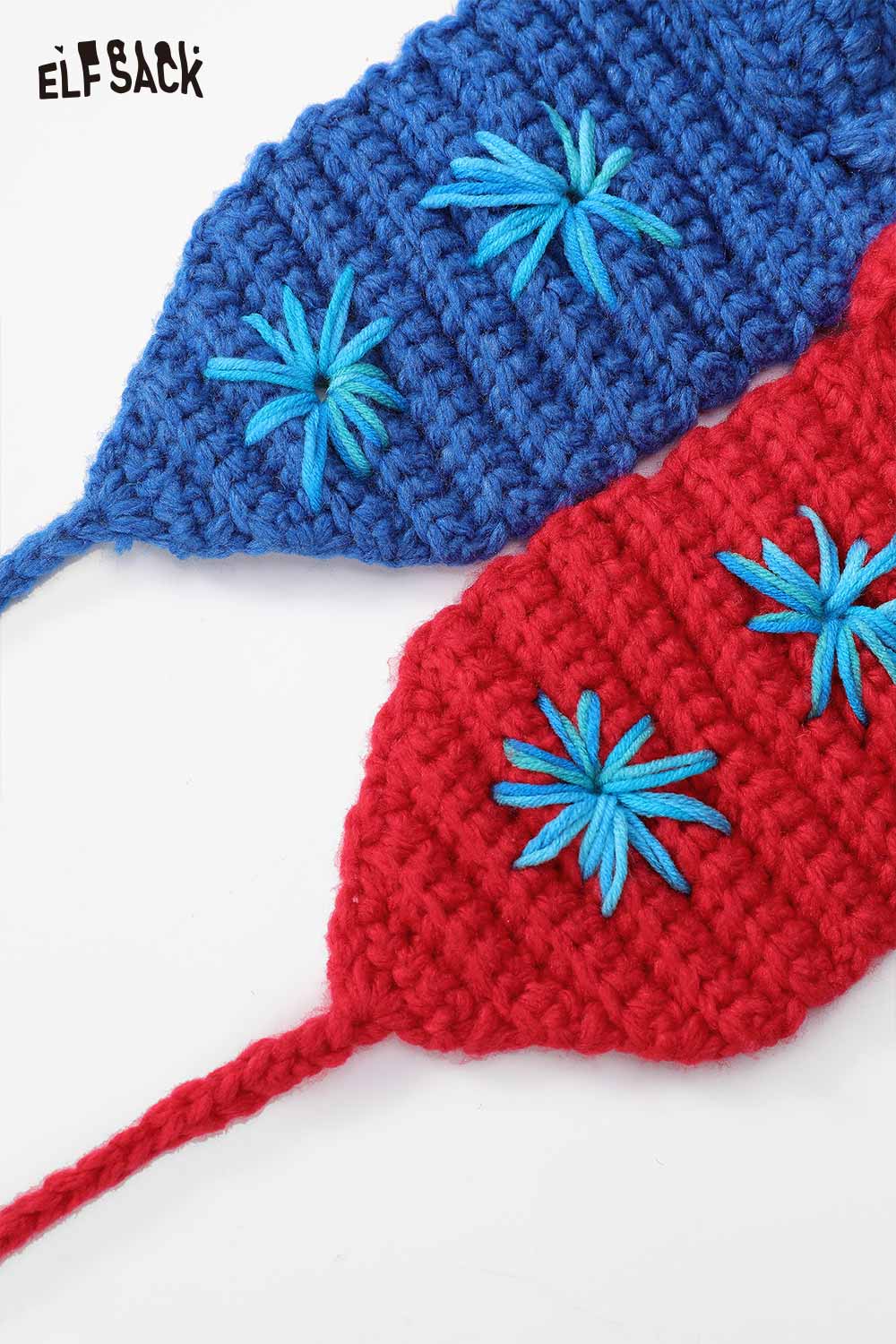 2 colorful ELFSACK 3D bunny ear knit ear warmers with floral embroidery details