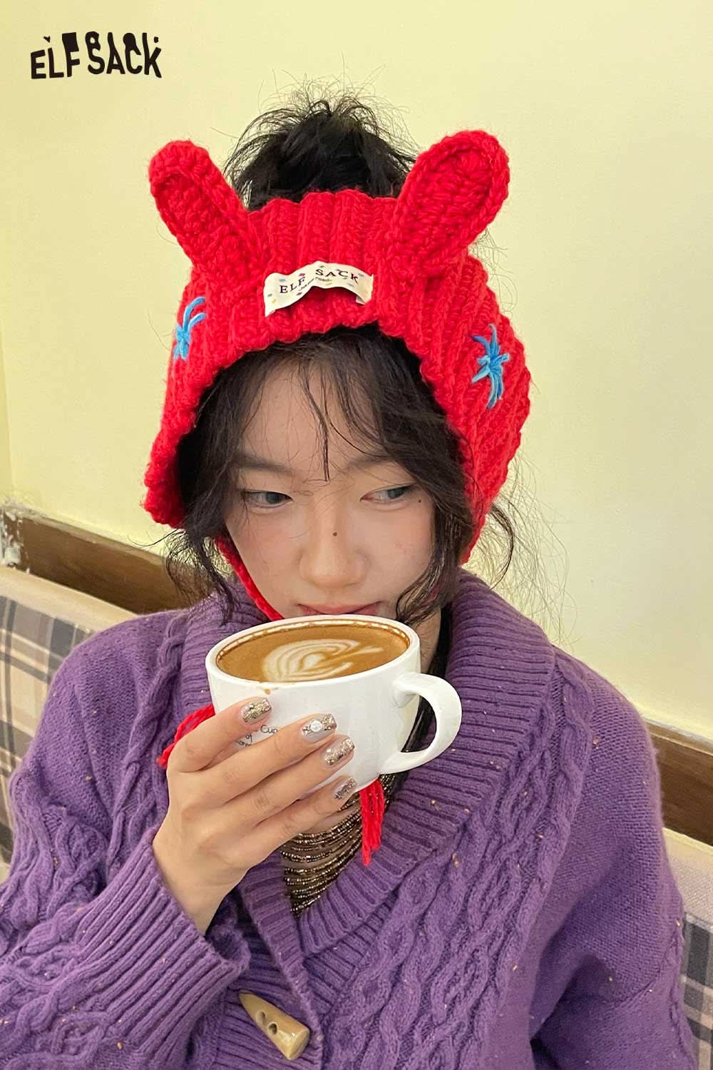 ELFSACK 3D bunny ear knit ear warmers in bright red for stylish warmth in winter