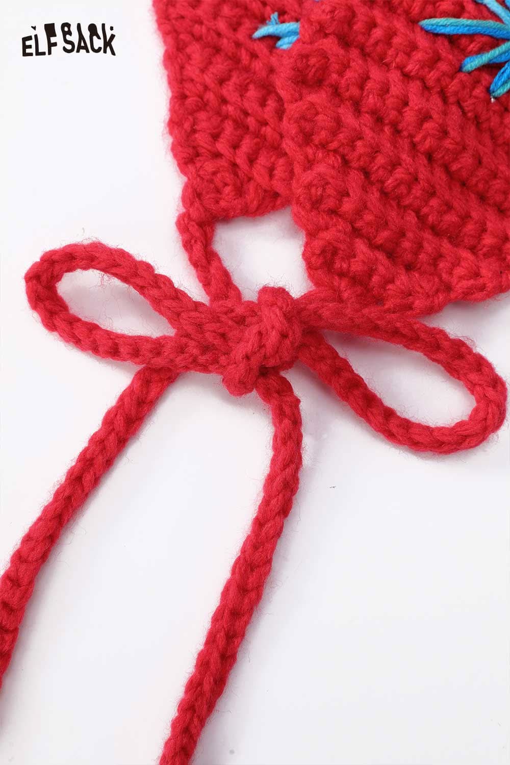 ELFSACK 3D bunny ear knit ear warmers in red with decorative ties for cozy winter fashion