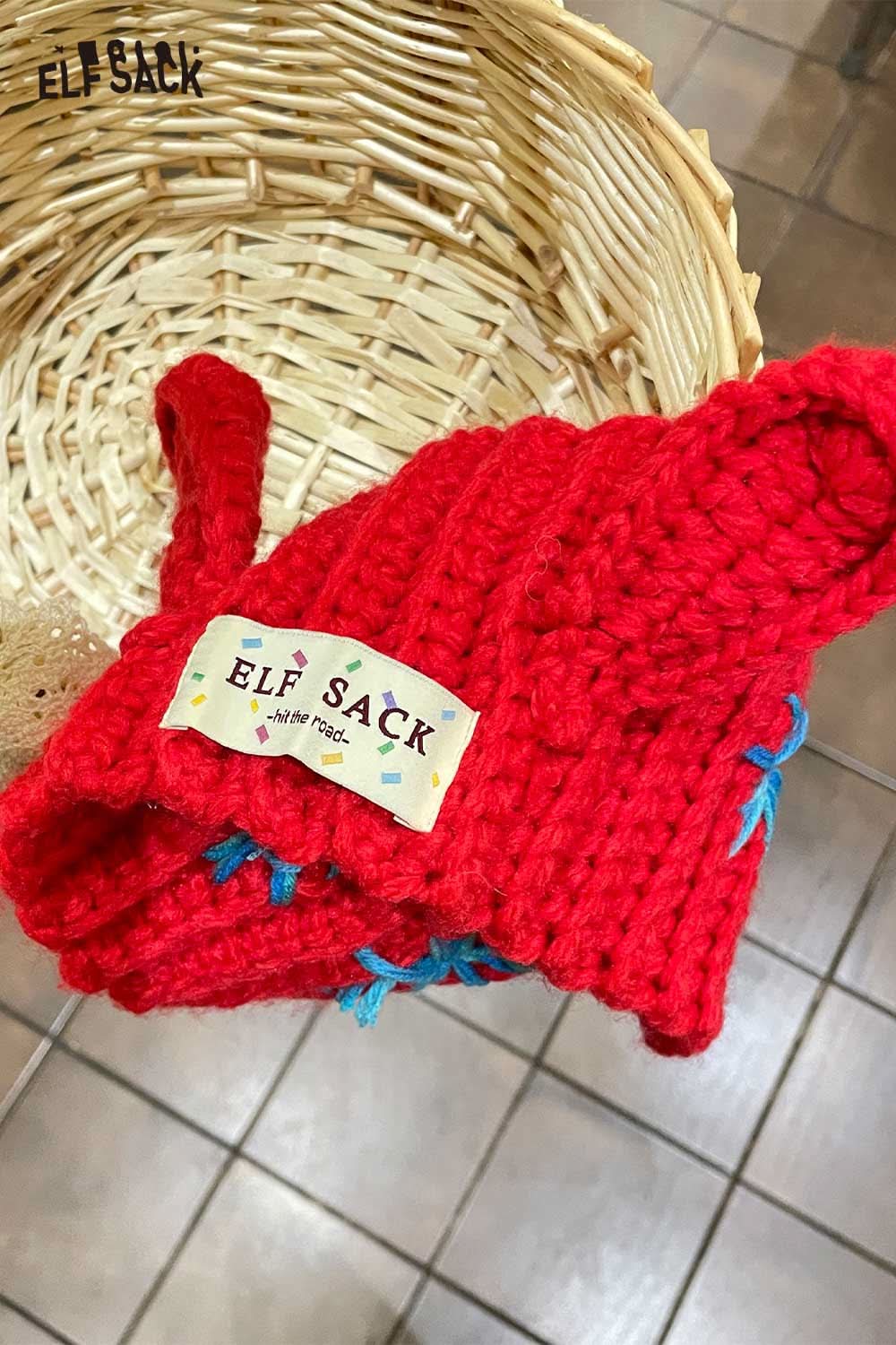 ELFSACK 3D bunny ear knit ear warmers in vibrant red with cozy design and playful details