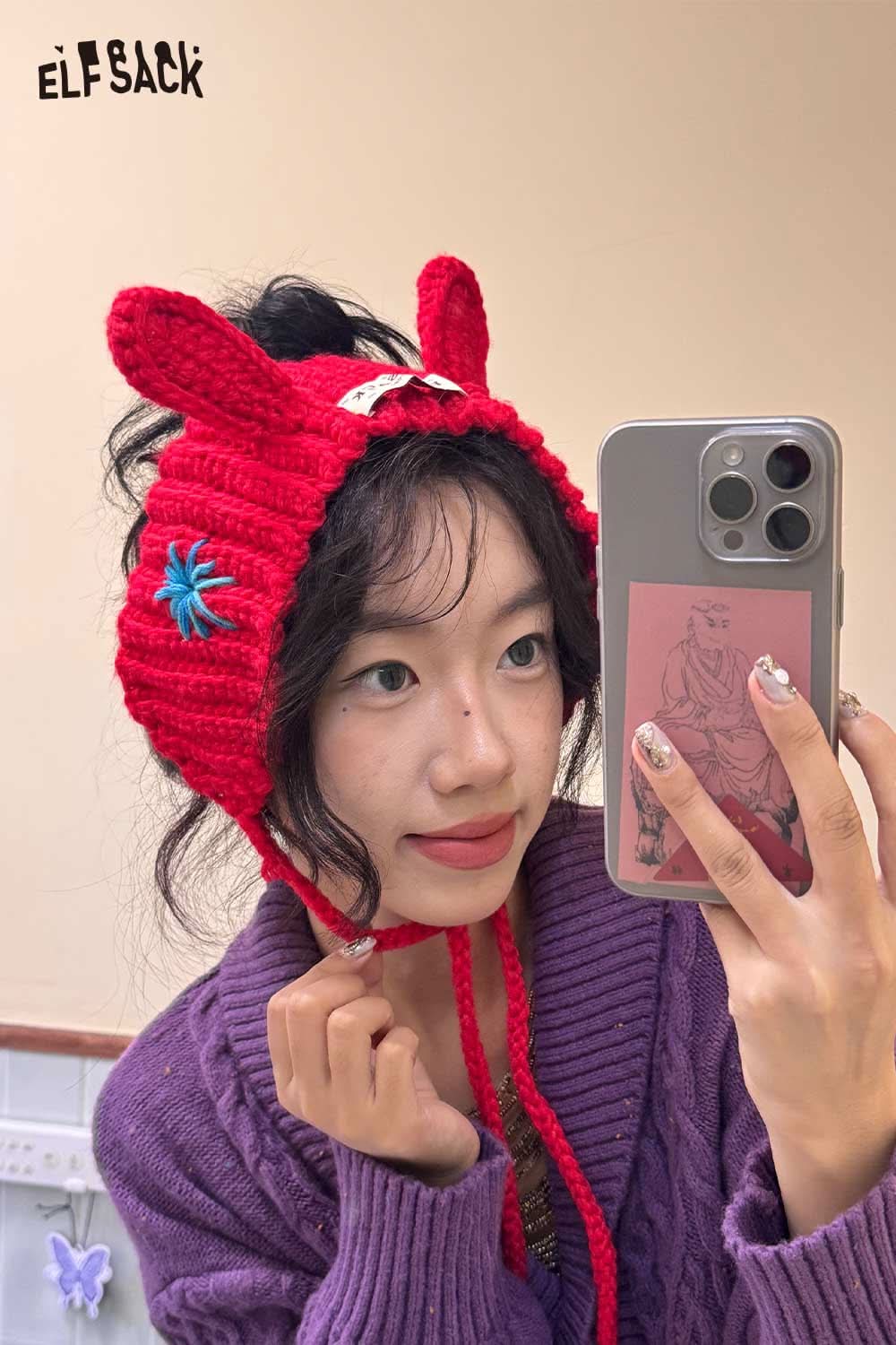 ELFSACK 3D bunny ear knit ear warmers in red with cute ear details for cold weather style