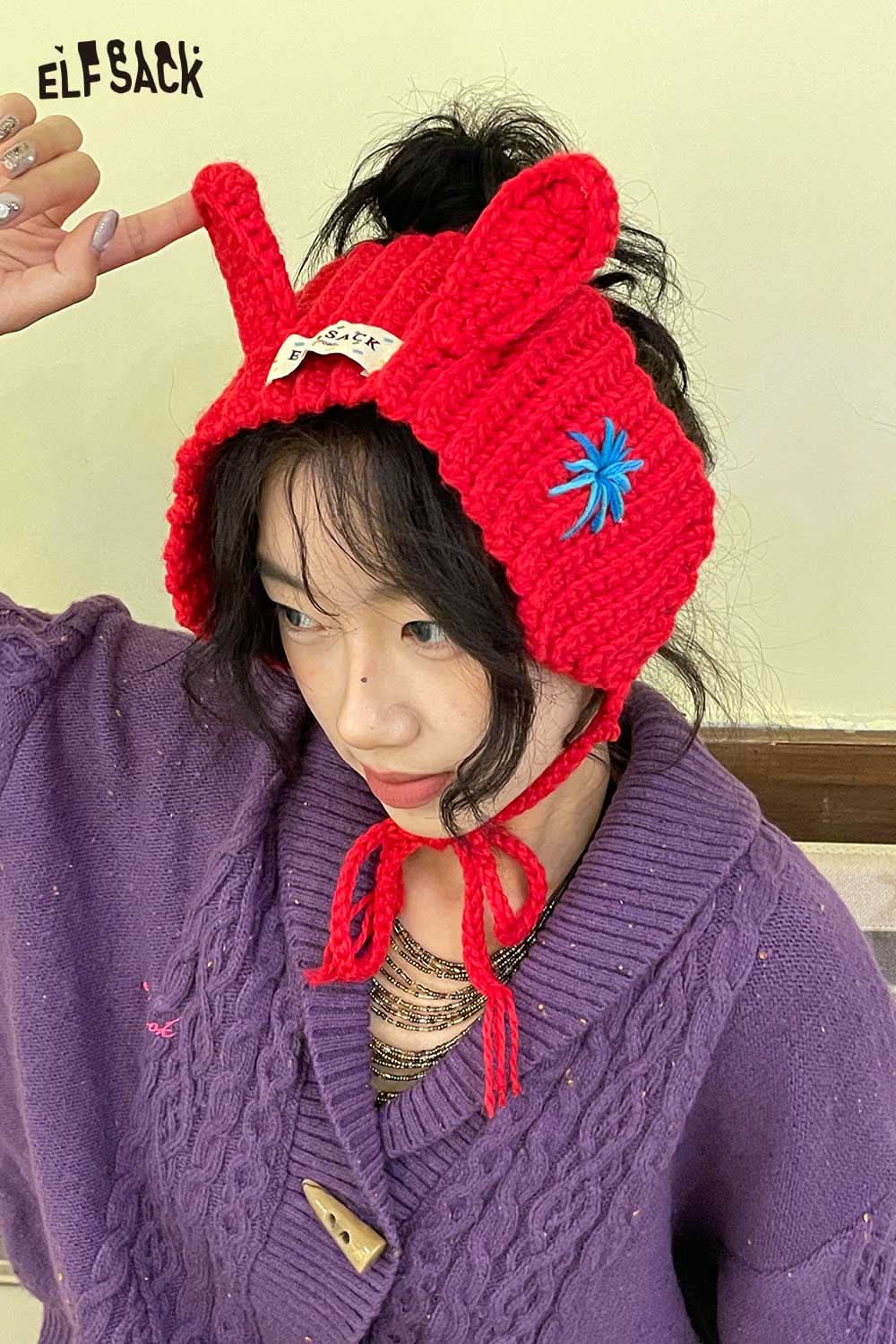 Red 3D bunny ear knit ear warmers from ELFSACK with playful design and comfortable fit