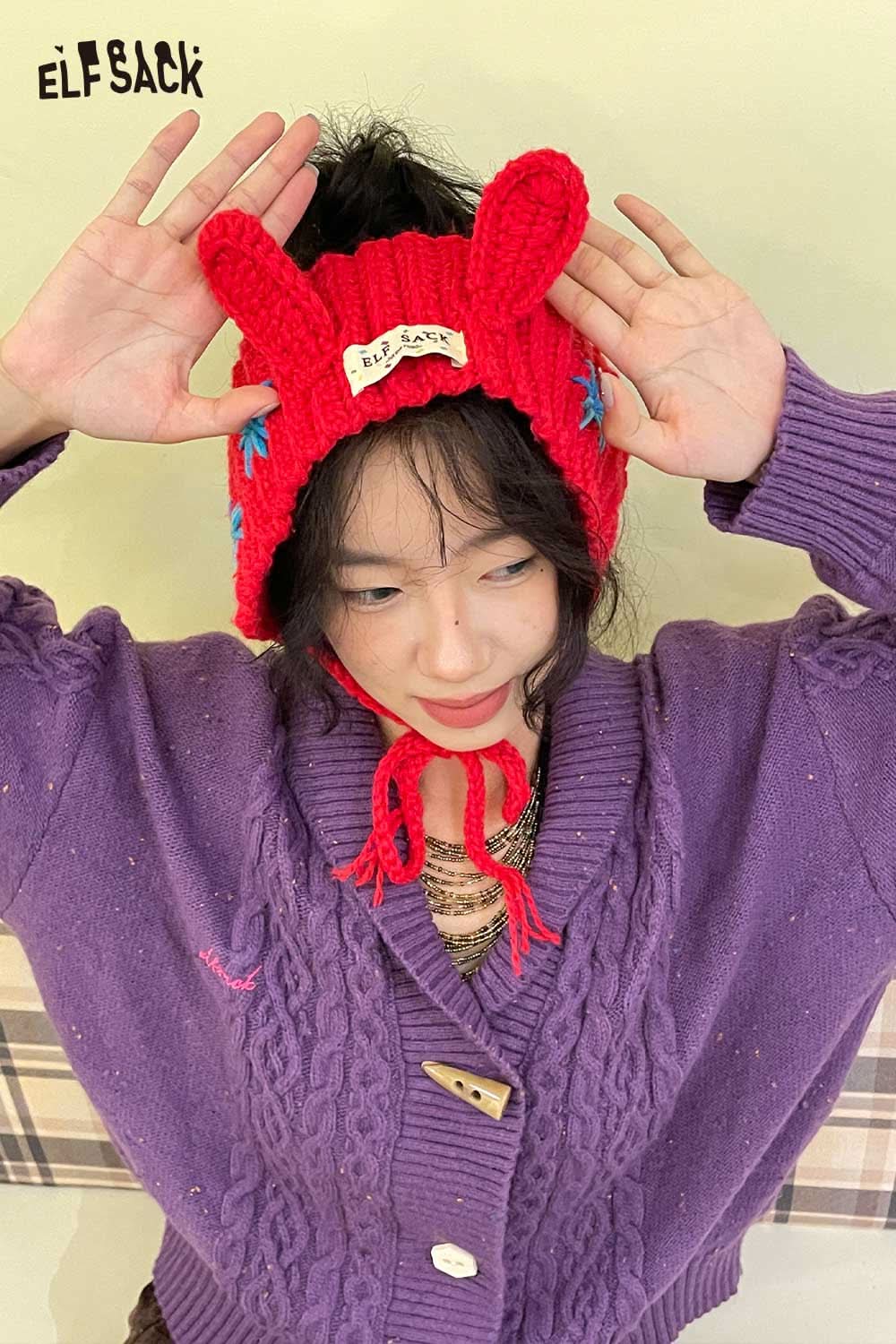 Bright red 3D bunny ear knit ear warmers by ELFSACK featuring playful ears and a cozy design