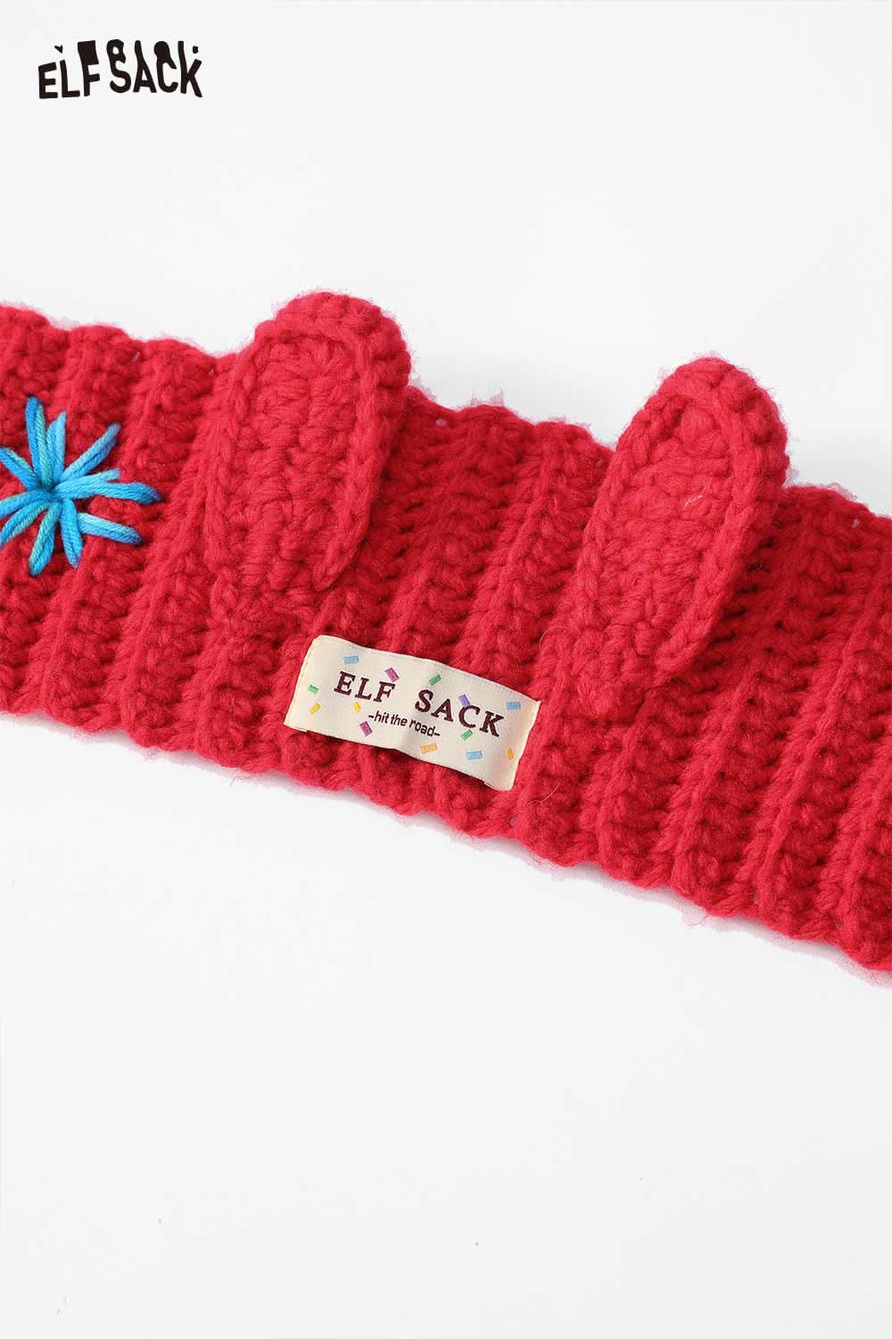 ELFSACK 3D bunny ear knit ear warmers in vibrant red with playful bunny ears and floral design