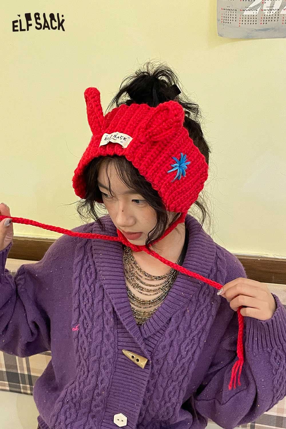 ELFSACK 3D bunny ear knit ear warmers in red with playful design and long ties