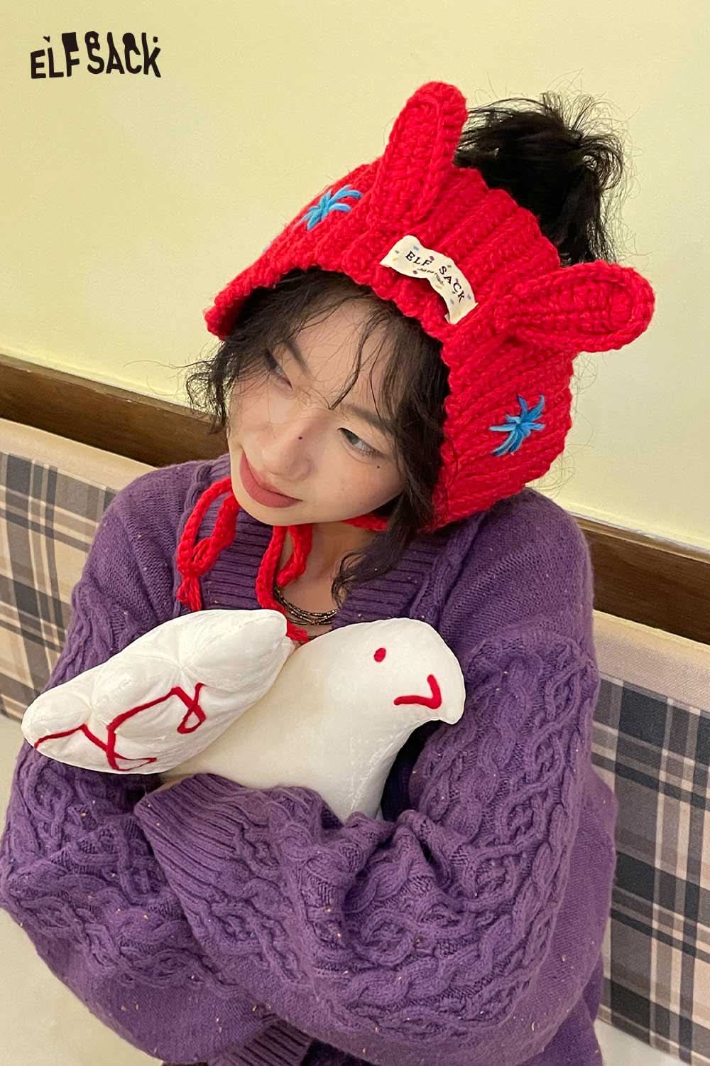 ELFSACK 3D bunny ear knit ear warmers in red, perfect for keeping ears cozy and stylish.