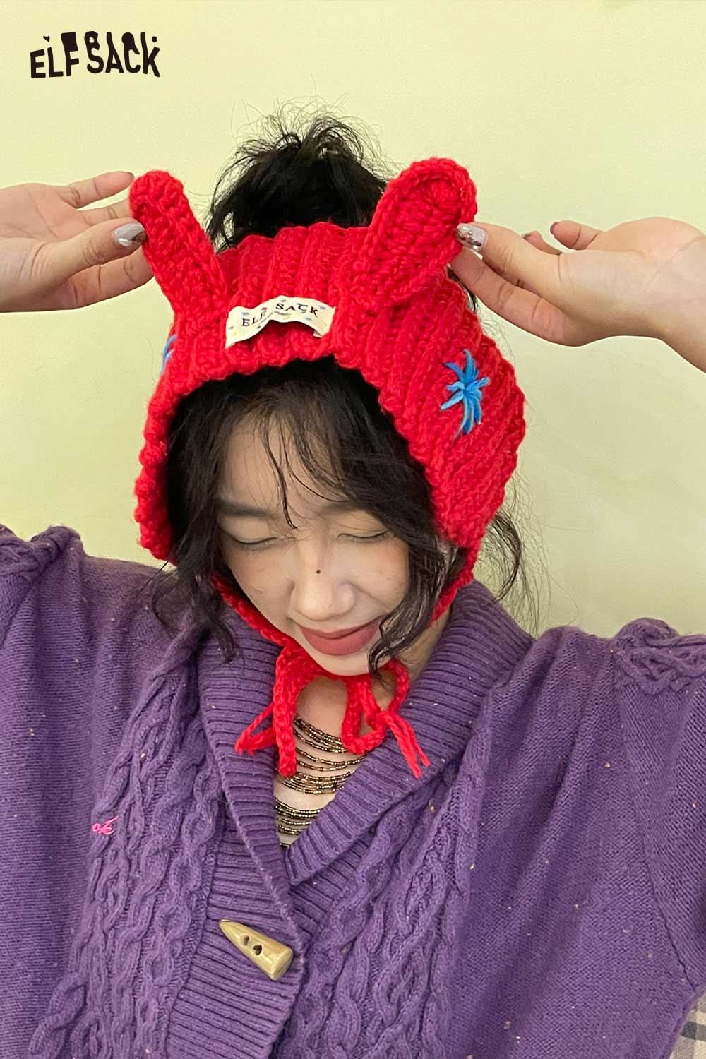 ELFSACK 3D bunny ear knit ear warmers in red with playful design and cozy fit for chilly weather