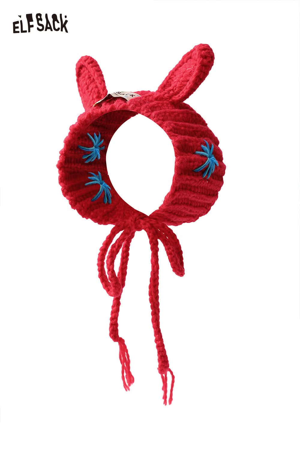 ELFSACK 3D bunny ear knit ear warmers in vibrant red with playful blue embroidery