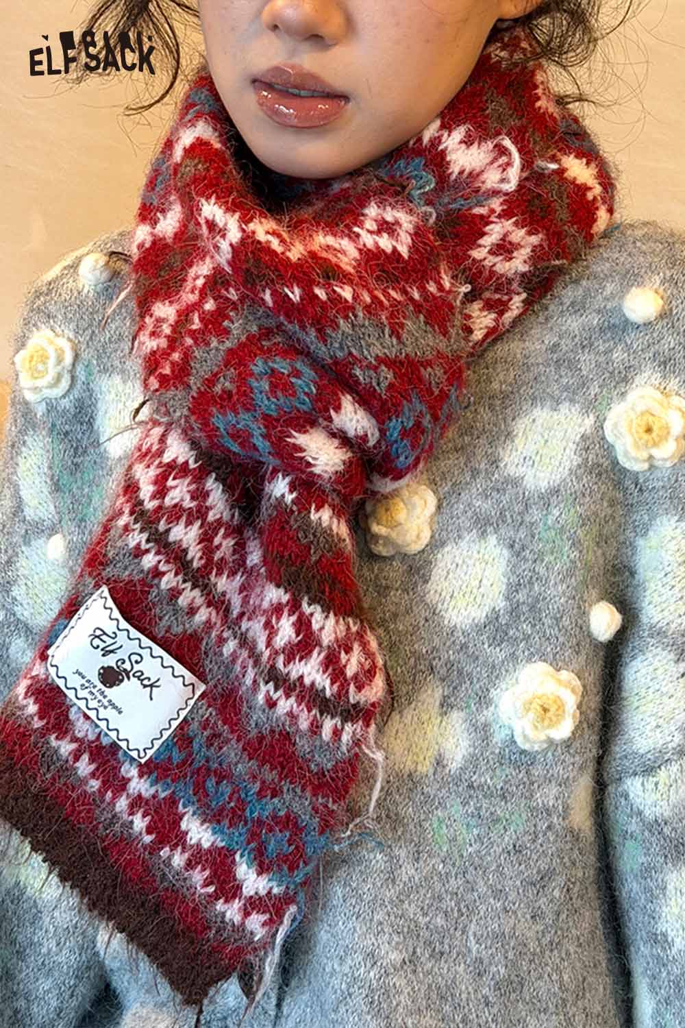 ELFSACK Bohemian Stripe Neck Warmer in Red with Cozy Knit Design for Stylish Winter Wear