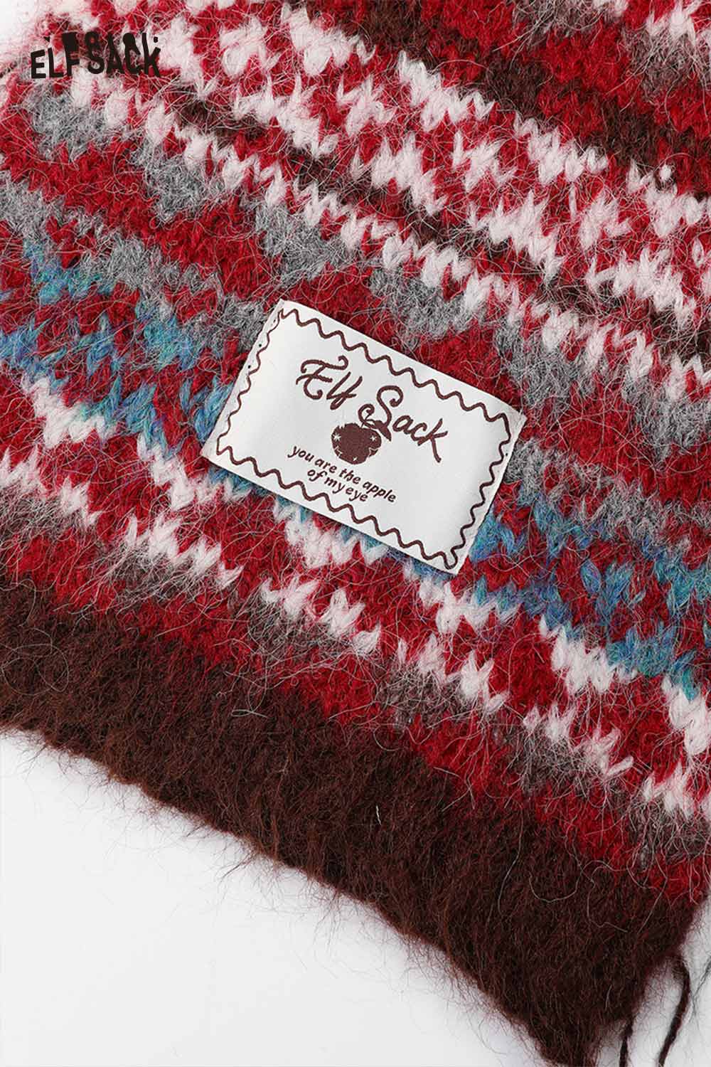 ELFSACK Bohemian Stripe Neck Warmer in Red and Brown with Cozy Knit Design
