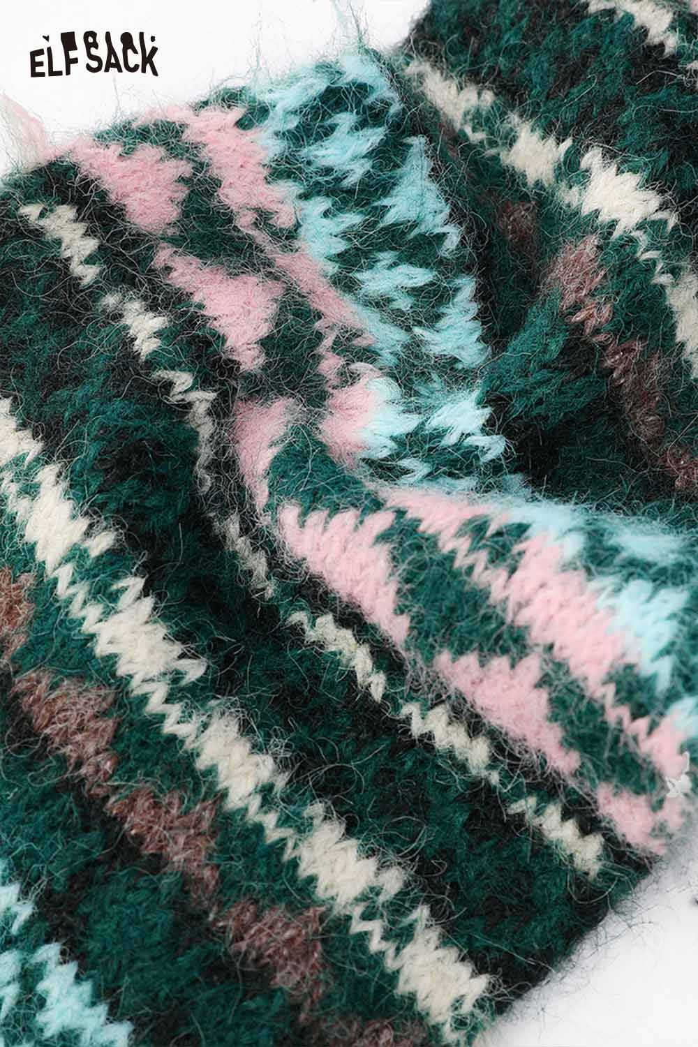 ELFSACK Bohemian stripe neck warmer in teal, pink, and brown for cozy winter fashion