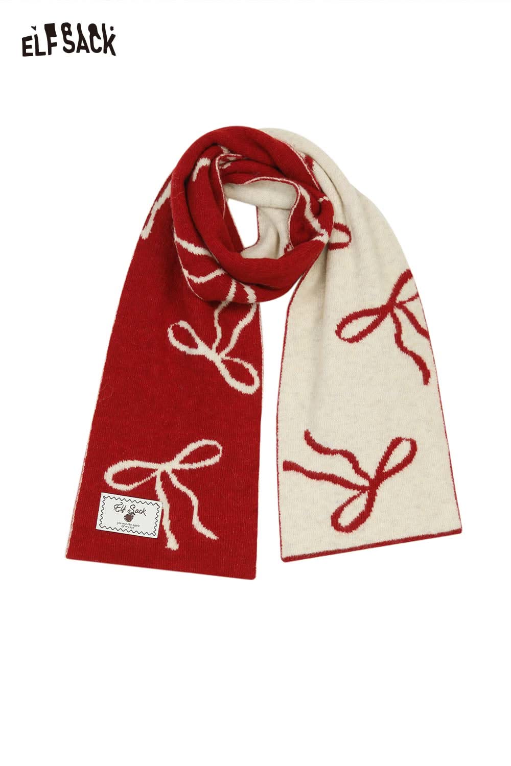 ELFSACK bow graphic neck warmer in red and cream featuring a stylish bow design