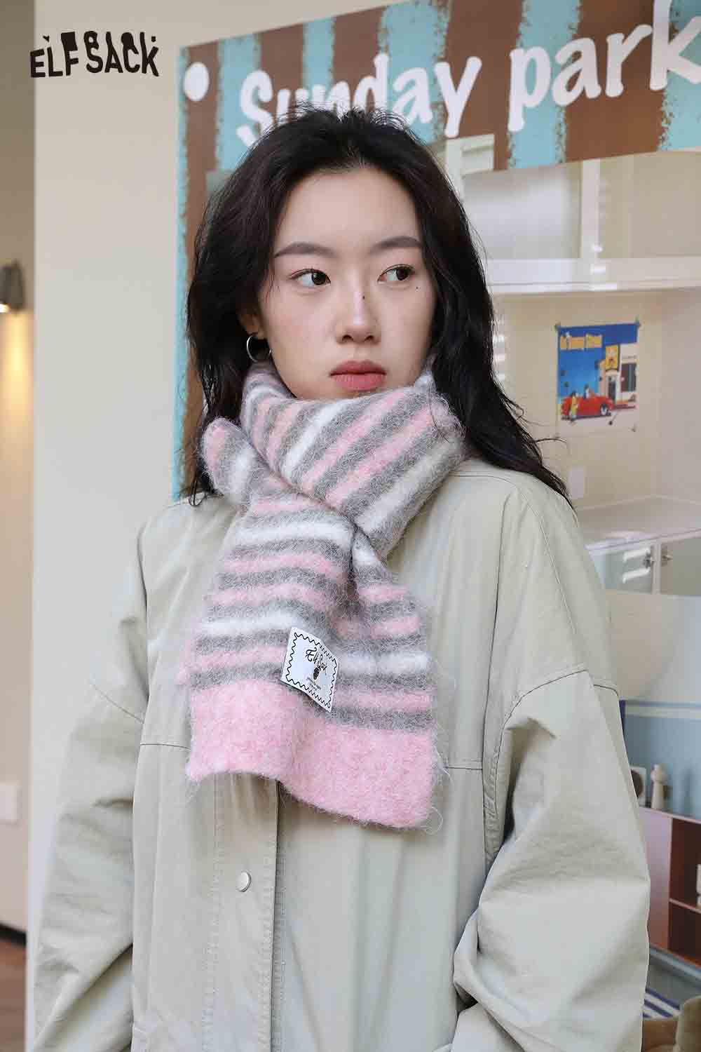 ELFSACK Christmas striped scarf for women in soft pink and gray for stylish winter wear