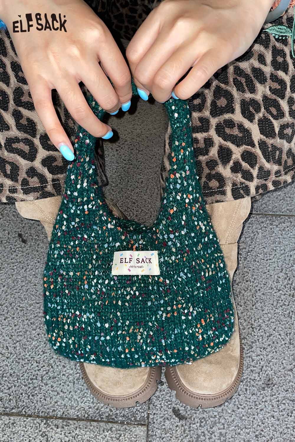 ELFSACK color block handwoven tote bag in green, perfect for stylish and eco-friendly fashion