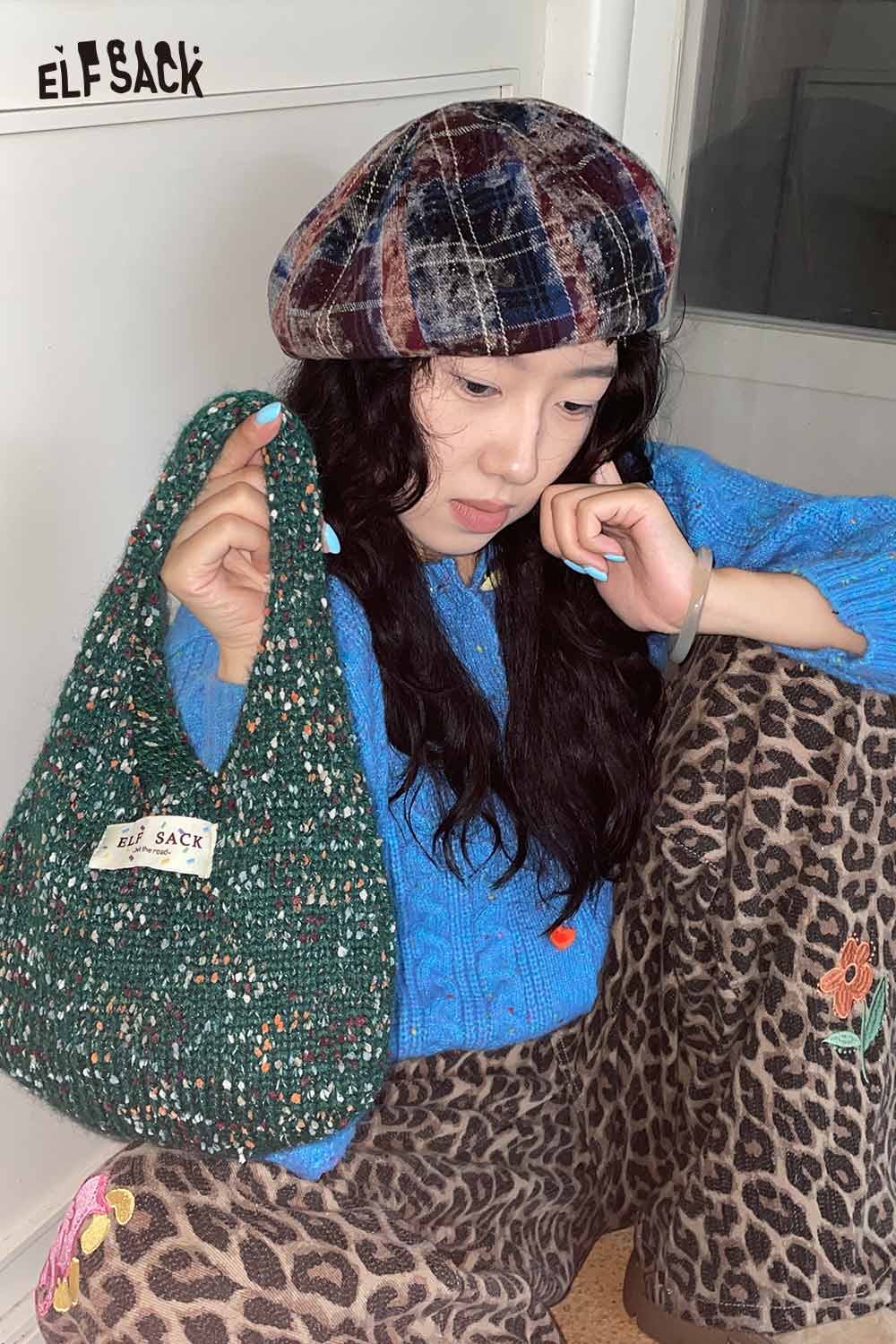 ELFSACK color block handwoven tote bag in green with a unique design, perfect for casual outings
