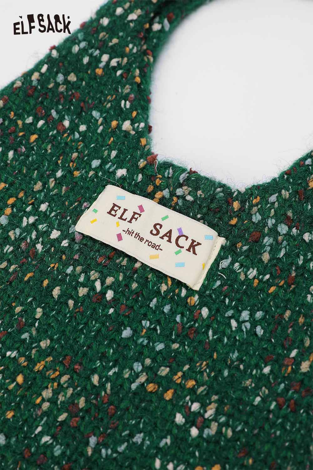 ELFSACK color block handwoven tote bag featuring a textured green design with a branded tag